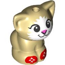 LEGO part 69902pr0006 Animal, Cat, Kitten Sitting with White Face, Dark Pink Nose, Red Socks print in Brick Yellow/ Tan