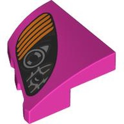 LEGO part 5093pr0003 Slope Curved 2 x 2 with Stud Notch Right with Black/Orange Headlight print in Bright Purple/ Dark Pink