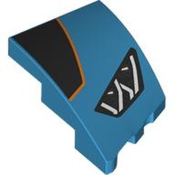 LEGO part 80177pr0009 Slope Curved 3 x 2 with Stud Notch Left with Headlight, Black Shape with Orange Border, print in Dark Azure