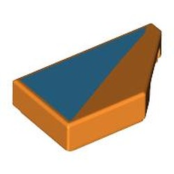 LEGO part 5092pr0002 Tile 1 x 2 with Stud Notch Right with Medium Azure Triangle Print in Bright Orange/ Orange