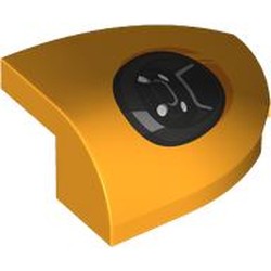 LEGO part 6823pr0001 Slope Curved 3 x 2 Beveled with Stud Notch Right with Black Headlight print in Flame Yellowish Orange/ Bright Light Orange