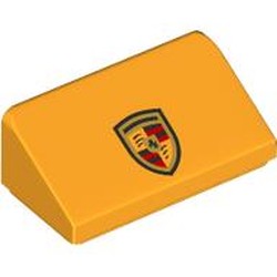 LEGO part 85984pr0054 Slope 30° 1 x 2 x 2/3 with Porsche Shield print in Flame Yellowish Orange/ Bright Light Orange