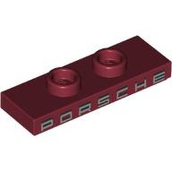 LEGO part 34103pr0003 Plate Special 1 x 3 with 2 Studs with Groove and Inside Stud Holder (Jumper) with Silver 'PORSCHE' print in Dark Red