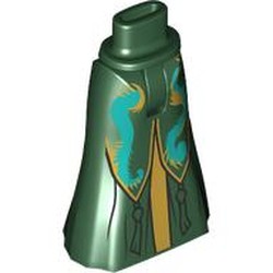 LEGO part 36187c01pr0059 Minidoll Hips and Full Length Skirt with Tassels, Gold Trim, Dark Turquoise Decorations print in Earth Green/ Dark Green