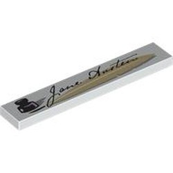 LEGO part 6636pr0047 Tile 1 x 6 with Ink Pot, Signature 'Jane Austen' print in White