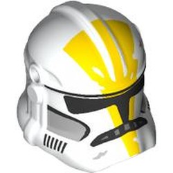 LEGO part 2019pr0007 Helmet Clone Trooper Phase 2, Closed Front, Holes for Visor with Black Visor, Yellow Markings print in White