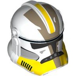 LEGO part 2019pr0006 Helmet Clone Trooper Phase 2, Closed Front, Holes for Visor with Yellow, Dark Tan Markings print in White