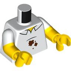 LEGO part 973g27c01h01pr0004 Torso, Dual Molded Arms with White Shirt, Reddish Brown Stains print, White Sleeves Pattern, Yellow Arms and Hands in White