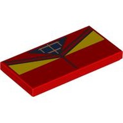 LEGO part 87079pr9836 Tile 2 x 4 with Jacket, Yellow Collar, Dark Blue Shirt, Gold Symbol print in Bright Red/ Red