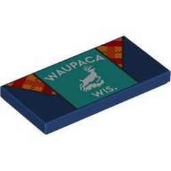 LEGO part 87079pr9838 Tile 2 x 4 with Kacket, Red/Yellow Collar, Dark Turquoise Shirt, 'WAYUPACA WIS.', Deer print in Earth Blue/ Dark Blue