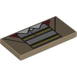 LEGO part 87079pr9837 Tile 2 x 4 with Jacket, Sand Blue/Dark Green/Yellow Shirt, White Collar print in Sand Yellow/ Dark Tan