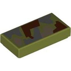 LEGO part 3069bpr9897 Tile 1 x 2 with Sand Blue/Dark Tan/Reddish Brown Camouflage print in Olive Green