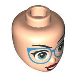 LEGO part 92198pr0083 Minidoll Head, Black Eyebrows, Dark Azure Glasses, Olive Green Eyes, Red Lips in Light Nougat