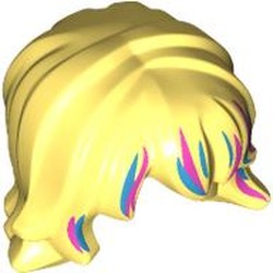LEGO part 7370pr0001 Hair Mid-Length, Wavy with Dark Pink/Dark Azure Streaks print in Cool Yellow/ Bright Light Yellow
