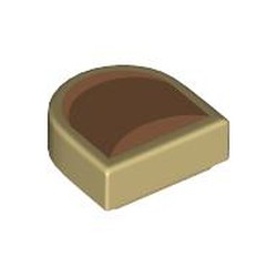 LEGO part 24246pr0058 Tile Round 1 x 1 Half Circle with Medium Nougat Nail, Nougat Sides print in Brick Yellow/ Tan