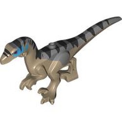LEGO part 110242pr0001 Animal, Dinosaur, Raptor, Adult with Dark Bluish grey Tio, Black Markings, Blue Face print in Sand Yellow/ Dark Tan