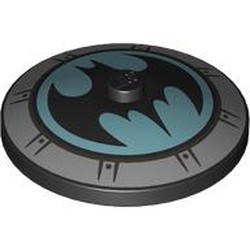 LEGO part 3960pr0062 Dish 4 x 4 Inverted [Radar] with Silver Hub Cap, Batman Symbol on Medium Azure Background print in Black