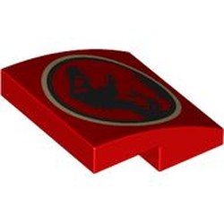 LEGO part 15068pr0101 Slope Curved 2 x 2 x 2/3 with Jurassic Park Logo print in Bright Red/ Red