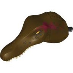 LEGO part 112362pr0001 Animal Body Part, Dinosaur, Spinosaurus Head with White Teeth, Dark Red Markings print in Dark Brown