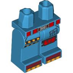 LEGO part 970c04pr0006 Hips and Dark Azure Legs with Red Belt, Knee Cap, Danger Stripes, Pocket print in Dark Azure