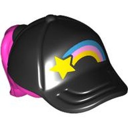 LEGO part 35660pat0007pr0001 Hair and Hat / Cap, Ponytail Dark Pink Pattern and Star, Rainbow print in Black