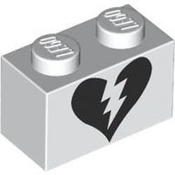 LEGO part 3004pr0010 Brick 1 x 2 with Black Broken Heart print in White