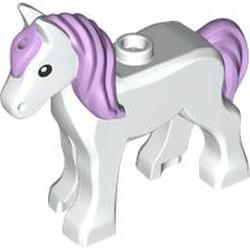 LEGO part 112958pr0001 Animal, Foal, Long Mane, Lavender Tail, Black Eyes print in White