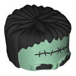 LEGO part 93556pr0005 Head Top, Frankenstein Monster with Black Hair, Scar, Eyebrows print in Sand Green