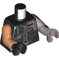 LEGO part 973d60pr0001 Torso, Odd Arms and Hands, Left Flat Silver Arm and Light Bluish Gray Hand, Right Nougat Arm and Black Hand with print in Black