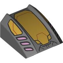 LEGO part 30602pr0038 Slope Curved 2 x 2 with Lip, No Studs with Gold Armor Plating, Pink Vents Print in Dark Stone Grey / Dark Bluish Gray