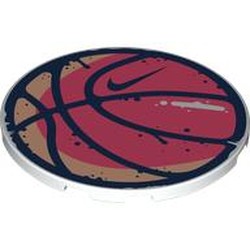 LEGO part 7212pr0002 Tile Round 6 x 6 Coral/Bright Pink Basketball, Dark Blue Outline, Nike Logo print in White