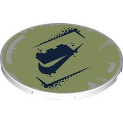 LEGO part 7212pr0003 Tile Round 6 x 6 with Dark Blue LEGO Brick, Nike Logo on Yellowish Green Background print in White