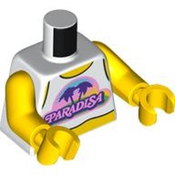 LEGO part 973c01h01pr0041 Torso, White Shirt, Pink 'PARADISA' print, Yellow Arms and Hands in White