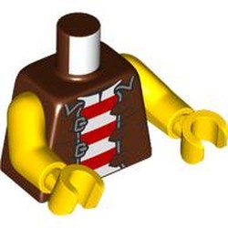 LEGO part 973c01h01pr0042 Torso, Jacket, Red/White Striped Shirt print, Yellow Arms and Hands in Reddish Brown