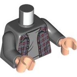 LEGO part 973c12h02pr0010 Torso Shirt, Sand Green and Dark Red Plaid, Open over Light Bluish Gray Undershirt Print, Dark Bluish Gray Arms, Light Nougat Hands in Dark Stone Grey / Dark Bluish Gray
