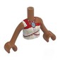 Minidoll Torso Girl with Sienna Brown Arms and Hands with White Wrapped Dress, Red/Dark Red Trim, Tan Decorations, Sand Green Shell print