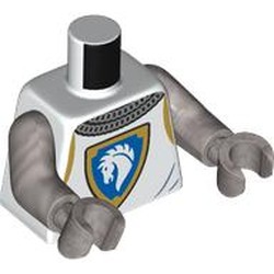 LEGO part 973c30h30pr0004 Torso, Knight Armor, Chain Mail, Shield with White Horse on Blue Field, Gold Border print, Flat Silver Arms and Hands in White