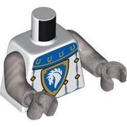 LEGO part 973c30h30pr0005 Torso, Knight Armor, Blue Collar, Shield with White Horse on Blue Field, Gold Border, Diamonds print, Flat Silver Arms and Hands in White