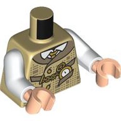 LEGO part 973c27h02pr0009 Torso, White Arms, Light Nougat Hands with print in Brick Yellow/ Tan