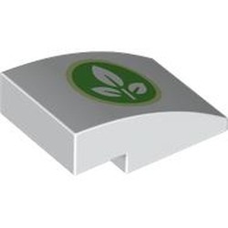 LEGO part 24309pr0020 Slope Curved 3 x 2 No Studs with White Leaves on Bright Green Background, Lime Circle print in White