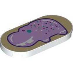 LEGO part 66857pr0051 Tile Round 2 x 4 with Lavender Jell-O Hippo on Tan Background print in White