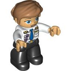 LEGO part 35499pr0003 Duplo Figure with Thick Short Hair Combed over Forehead and Bun Nougat, Pilot Uniform, Black Legs in White