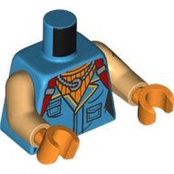 LEGO part 973c70h38pr0001 Torso, Warm Tan Arms, Bright Light Orange Hands with print in Dark Azure