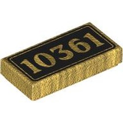 LEGO part 3069bpr9900 Tile 1 x 2 with Gold '10361' on Black Background print in Warm Gold/ Pearl Gold