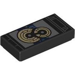 LEGO part 3069bpr9898 Tile 1 x 2 with Tablet, Gold Death Star Plans print in Black