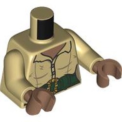 LEGO part 973c26h69pr0001 Torso, Tunic, Medium Brown Chest, Dark Green Belt, Gold Belt Buckle print, Tan Arms, Medium Brown Hands in Brick Yellow/ Tan