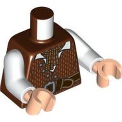 LEGO part 973c27h02pr0016 Torso, Tunic, Gold Stripes, Scarf, White Shirt, Dark Brown Belt print, White Arms, Light Nougat Hands in Reddish Brown