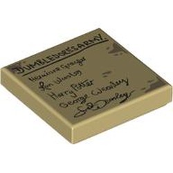 LEGO part 3068bpr9286 Tile 2 x 2 with Groove with Parchment, 'DUMBLEDORES ARMY', Names print in Brick Yellow/ Tan