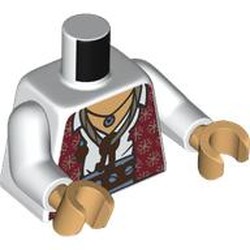 LEGO part 973c27h13pr0004 Torso, Dark Red Jacket, Gold Decorations, Dark Orange Belt, White Shirt, Necklace with Keys print, White Arms, Nougat Hands in White
