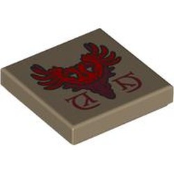 LEGO part 3068bpr9283 Tile 2 x 2 with Red/Dark Red Bird Crest print in Sand Yellow/ Dark Tan
